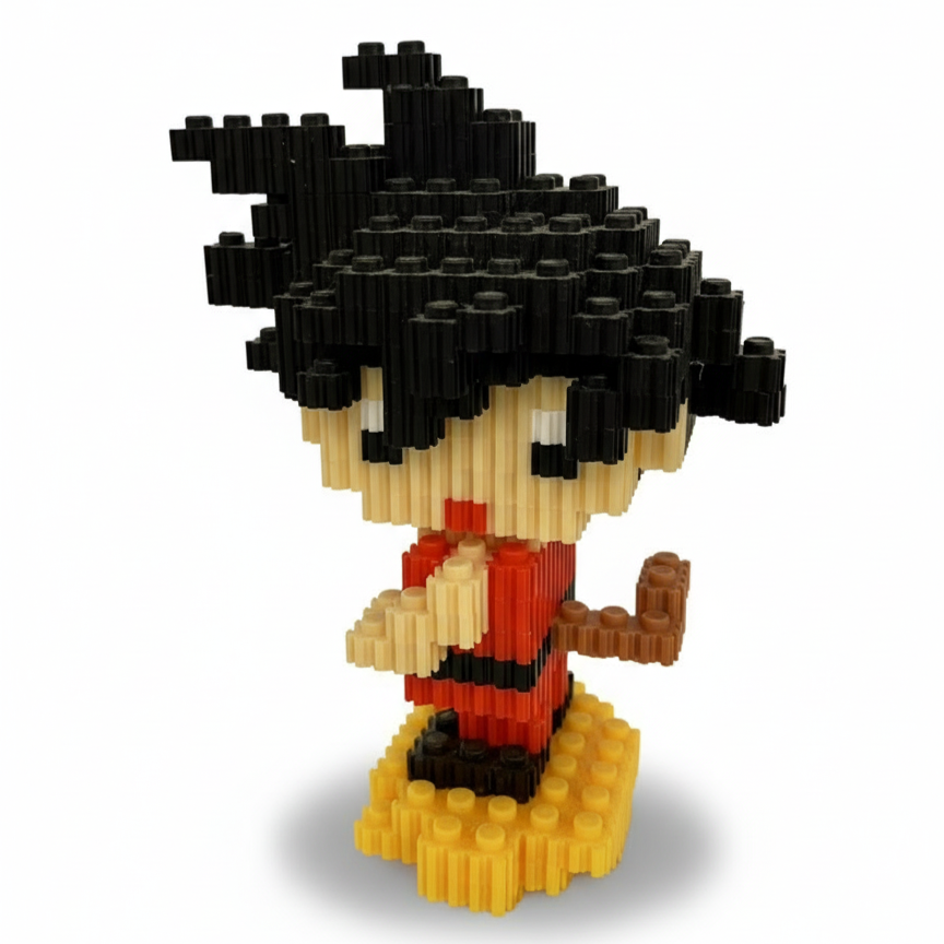 Figura pixel armable de Goku sobre la nube voladora de Dragon Ball