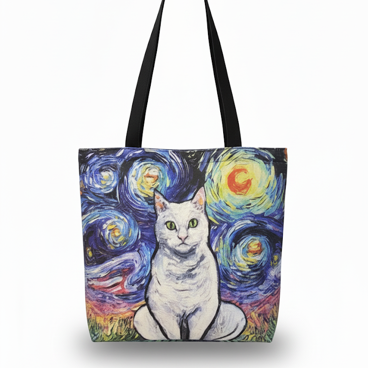 Bolso totebag Gato Blanco con la Noche Estrellada