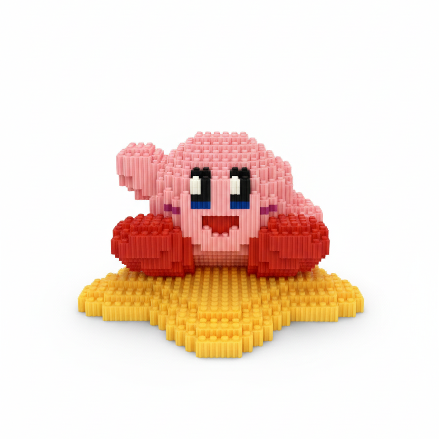 Figura pixel armable de Kirby sobre estrella de Kirby