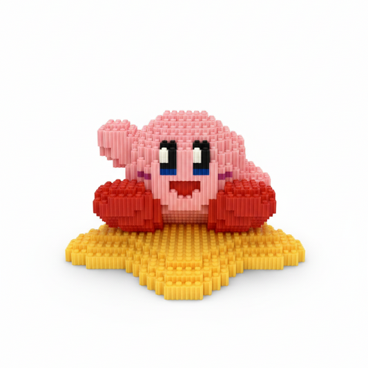 Figura pixel armable de Kirby sobre estrella de Kirby