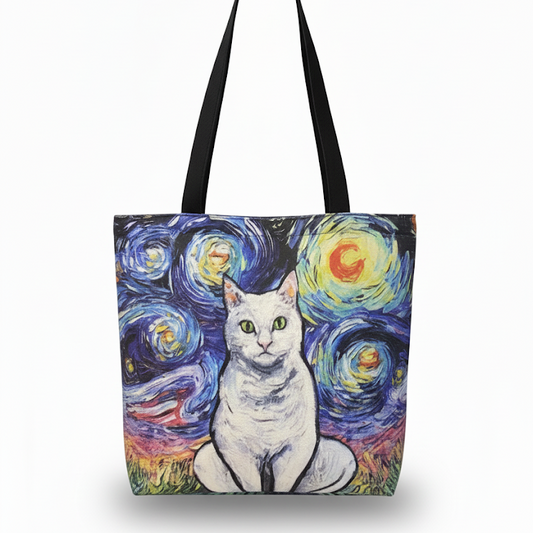 Bolso totebag Gato Blanco con la Noche Estrellada